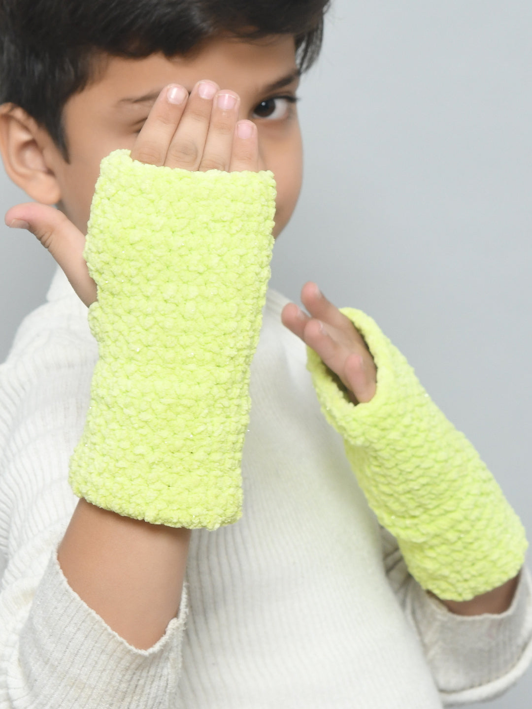Green Handmade Woollen Bubble Fingerless Gloves For Girls and Boys