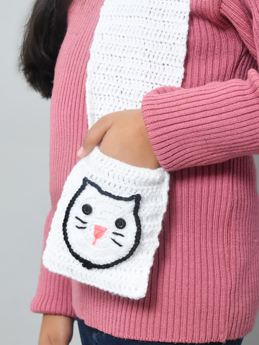 Grey Handmade Woollen Muffler For Kids With Pockets