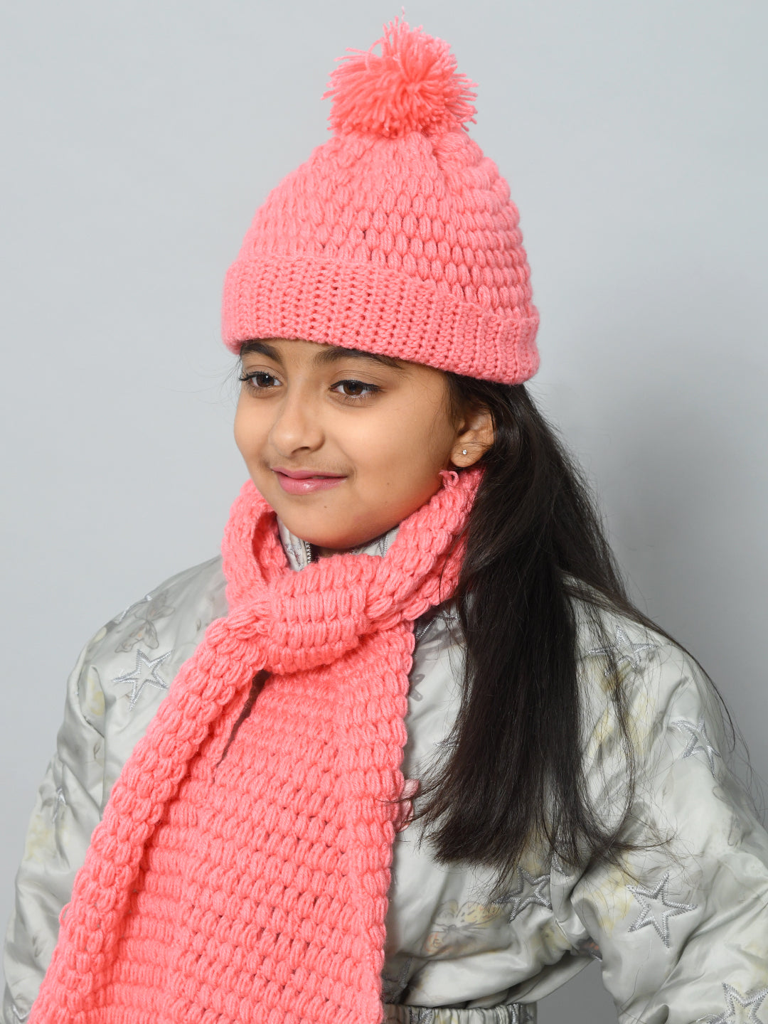 Yellow Handmade Woollen Bubble Muffler with Cap Set For Girls