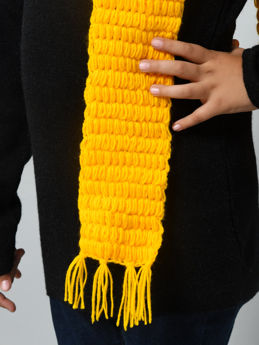 Yellow Handmade Woollen Bubble Muffler with Cap Set For Girls