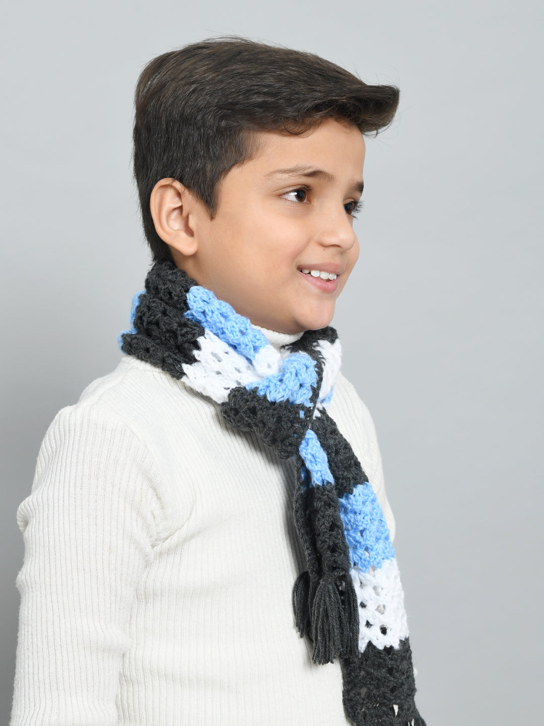 Grey & Blue Handmade Woollen Muffler For Kids