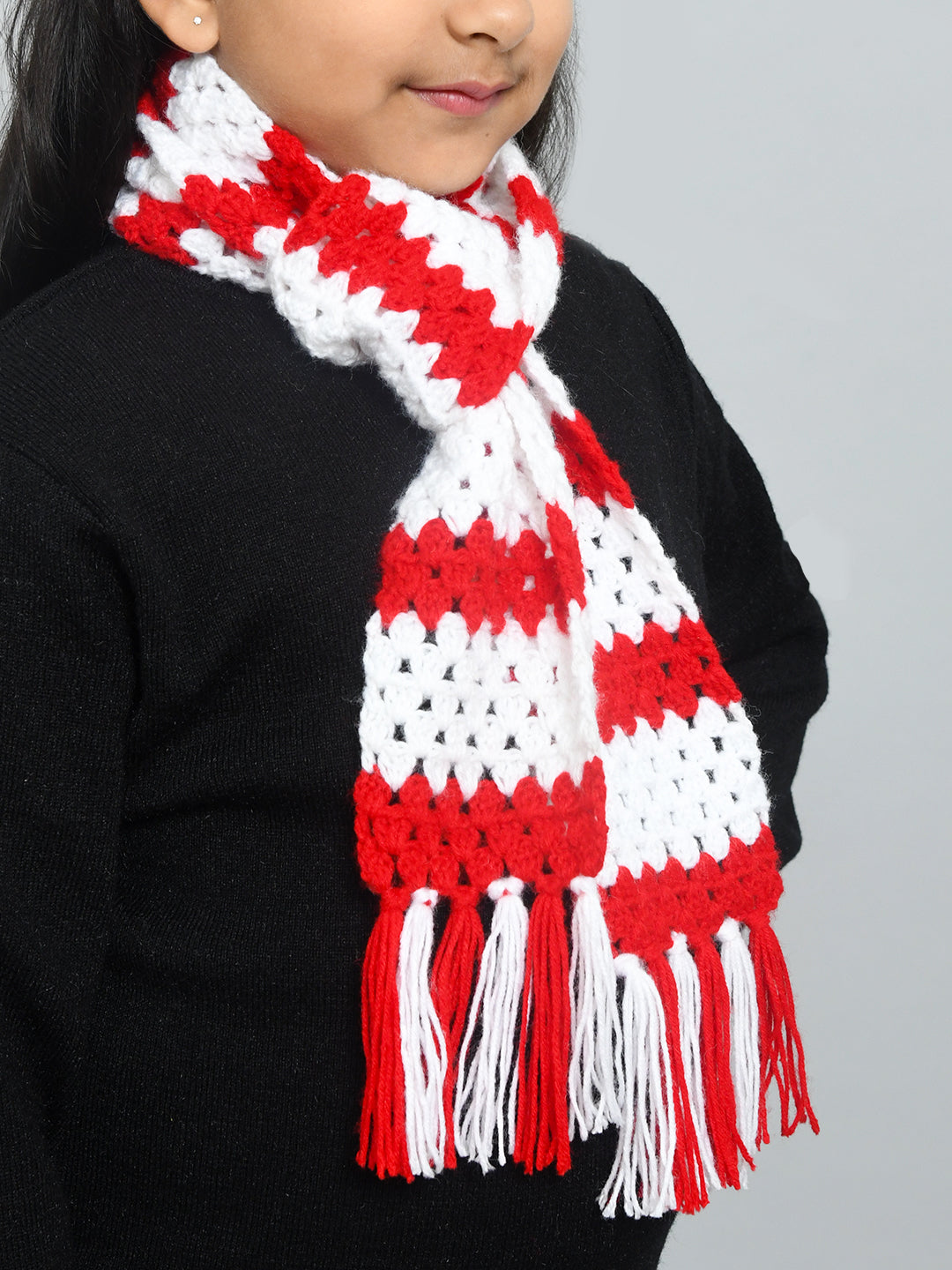 Red & White Handmade Woollen Muffler For Kids