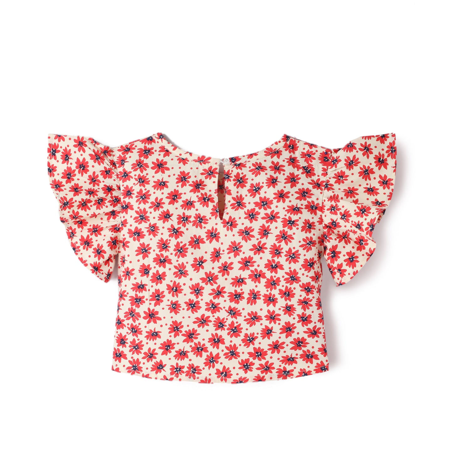 Red Premium Cotton Polka Dots Printed with Bio Finish Flutter Sleeves Top & Shorts Co-ord Set for Girls
