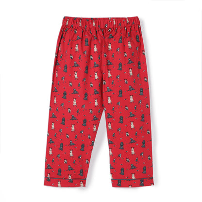 Red Premium Cotton Full Sleeves Puppy Printed Collar Style Pyjama & T-Shirt Set for Boys & Girls