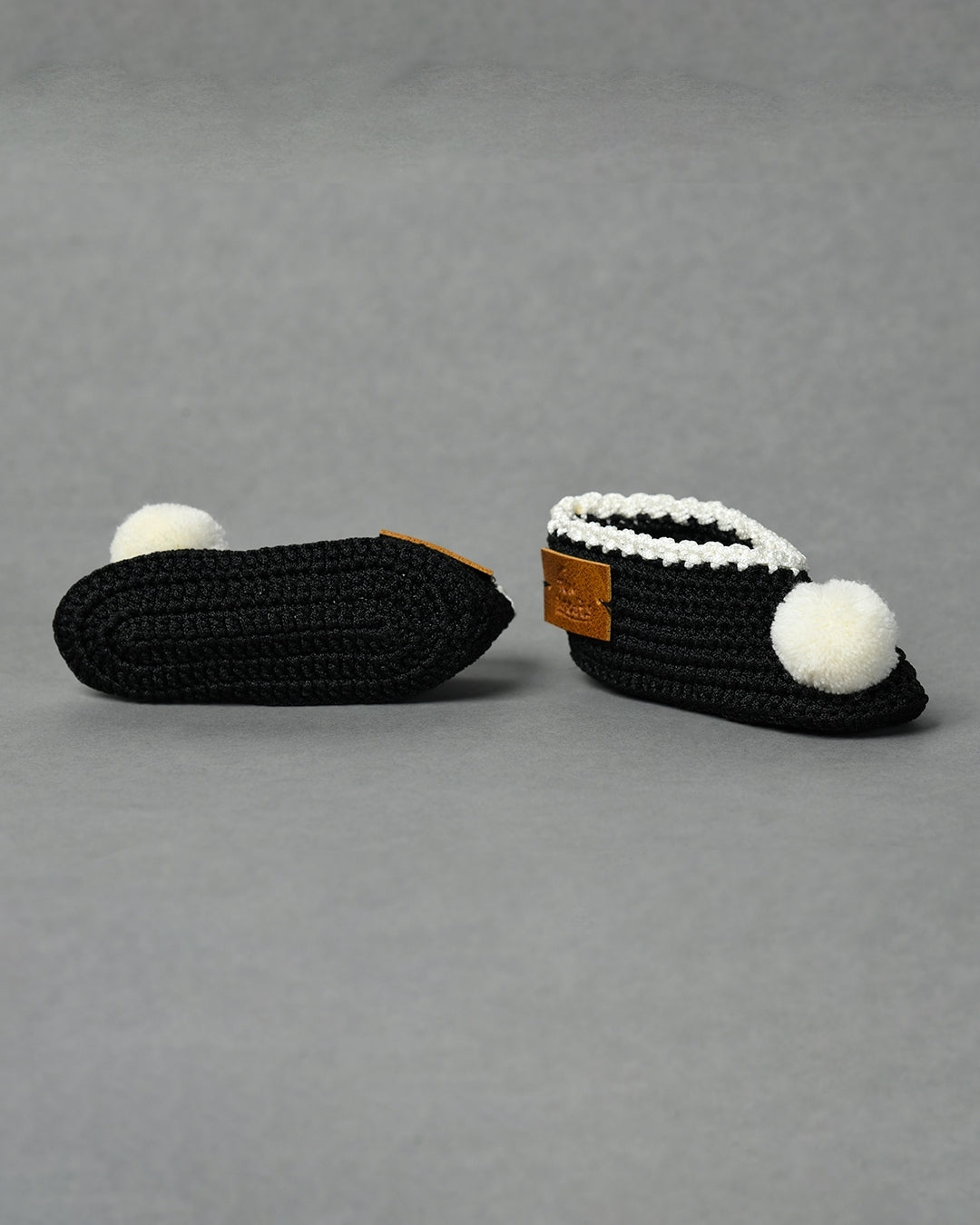 Black Handmade Pom Pom Crochet Booties for Girls