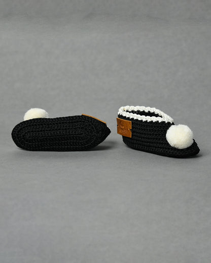 Black Handmade Pom Pom Crochet Booties for Girls