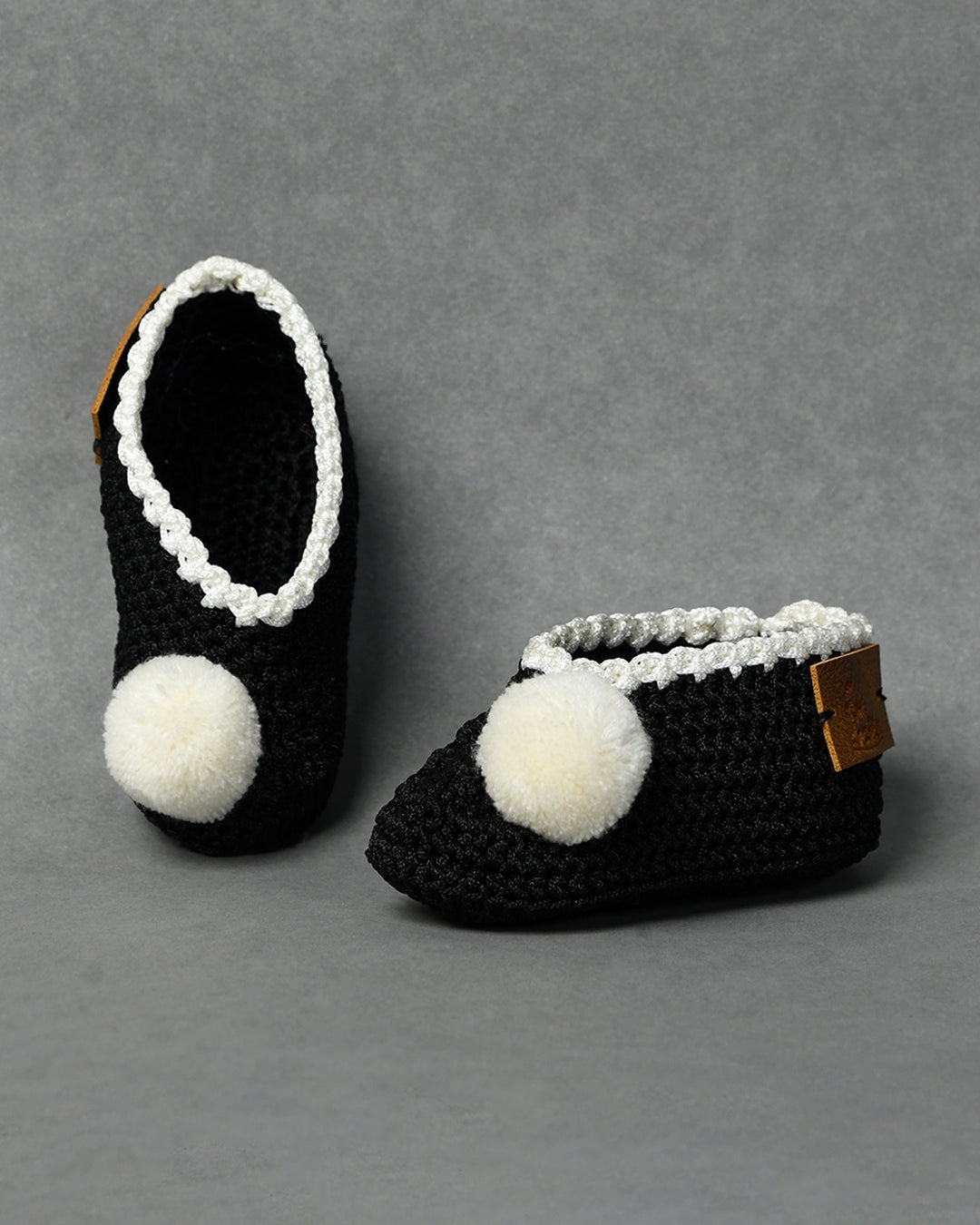 Black Handmade Pom Pom Crochet Booties for Girls