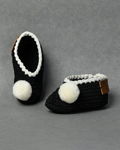 Black Handmade Pom Pom Crochet Booties for Girls