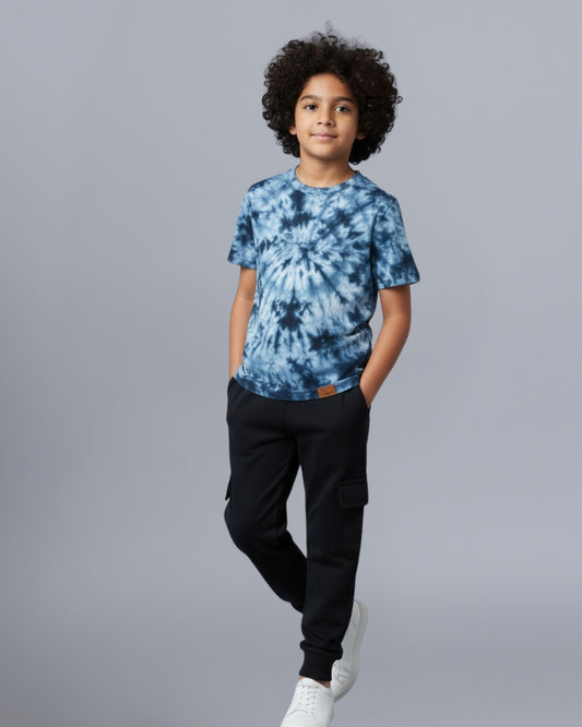 Blue Tie & Dye Printed Premium Cotton T-Shirt & Jogger Set for Boys