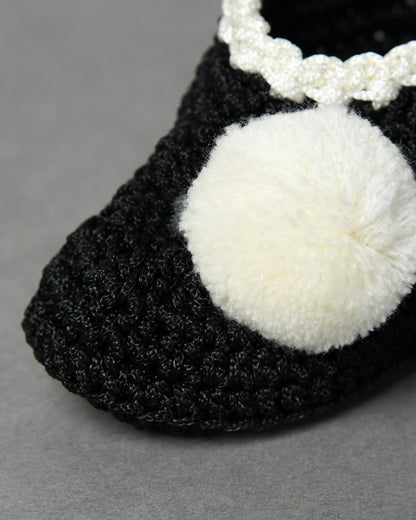 Black Handmade Pom Pom Crochet Booties for Girls