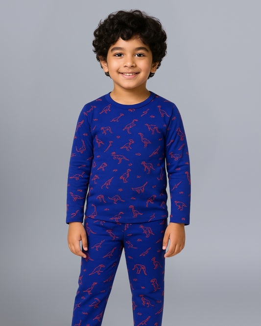 Blue Dinosaur Printed Cotton Night Dress for Kids