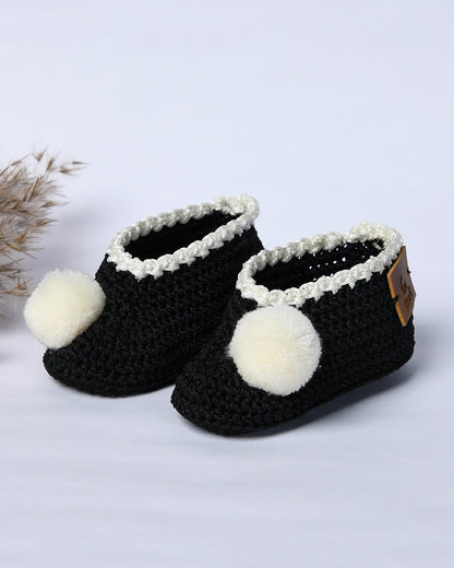 Black Handmade Pom Pom Crochet Booties for Girls