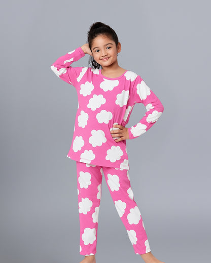 Pink Cloud Printed Cotton Nightwear for Girls