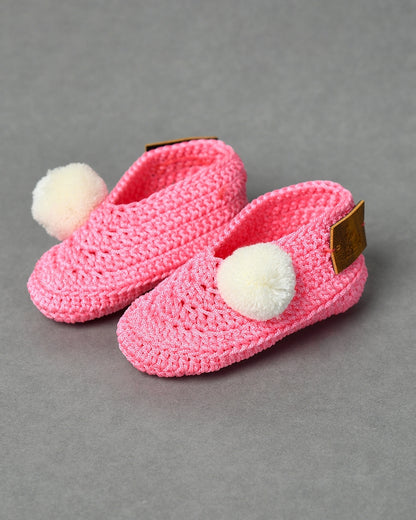 Pink Handmade Pom Pom Crochet Booties for Girls