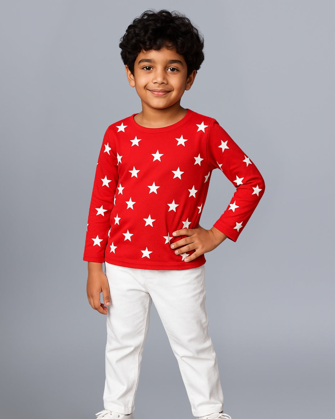 Red & White Stars Print Cotton Kids Night Suit