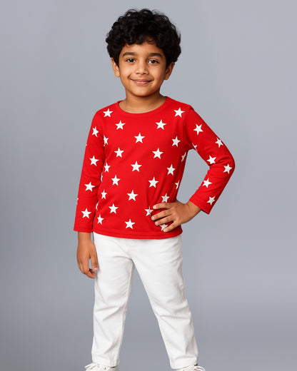 Red & White Stars Print Cotton Kids Night Suit