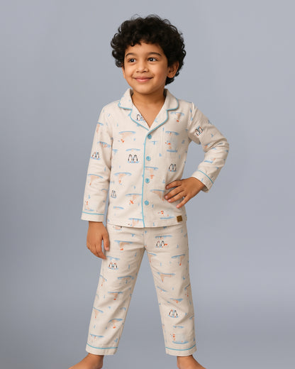 Penguine Printed Premium Cotton Full Sleeves Collor Style White Nightsuit for Girls & Boys