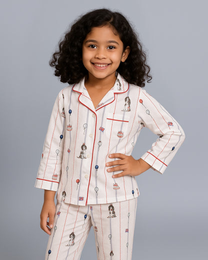 White Puppy Printed Pure Cotton Night Suit for Kids