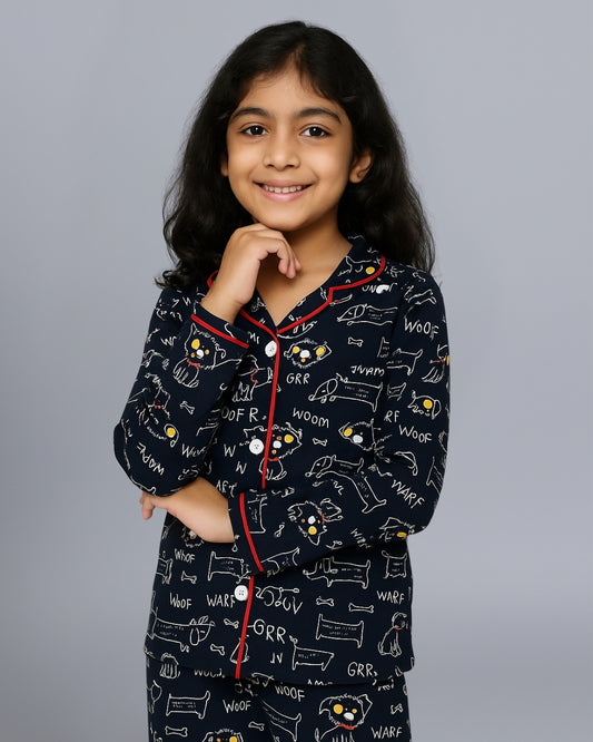 Black Puppy Print Night Dress for Kids