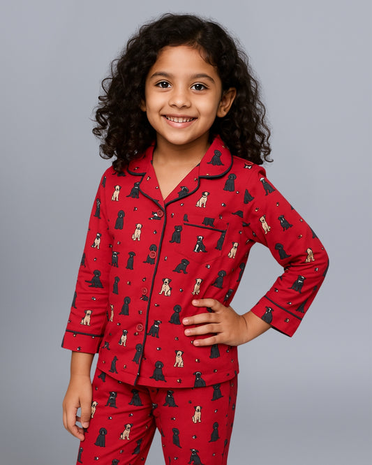 Red Premium Cotton Full Sleeves Puppy Printed Collar Style Pyjama & T-Shirt Set for Boys & Girls