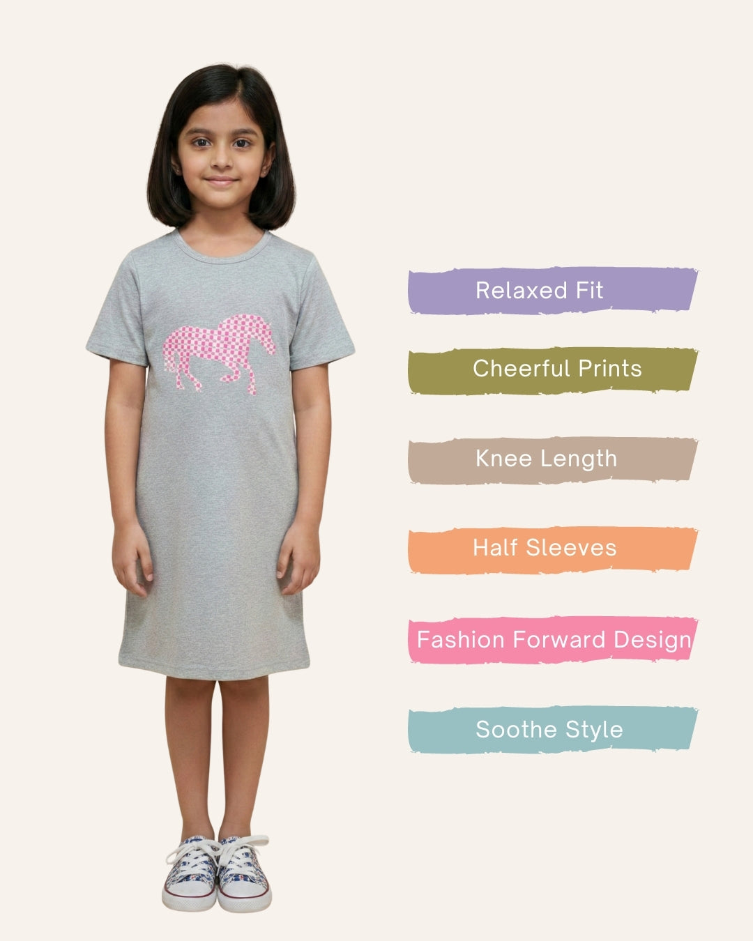 Grey Horse Printed Cotton Night Dress for Girls