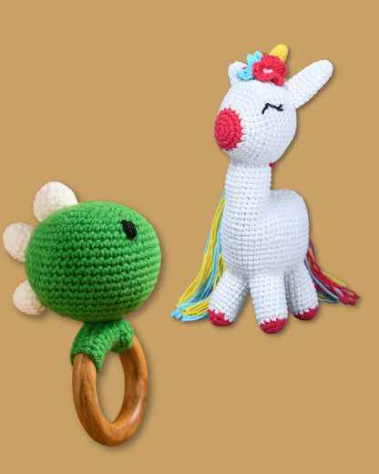 Handmade Crochet Barbie’s Unicorn Toy and Dinobuddy Rattle Set for Kids Soft and Safe