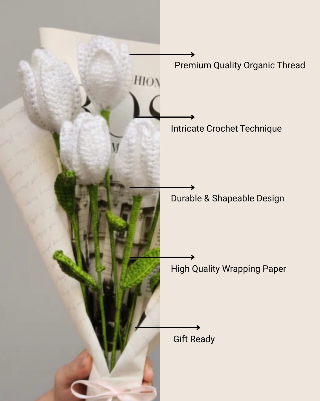 Handmade Crochet White Tulip Bouquet