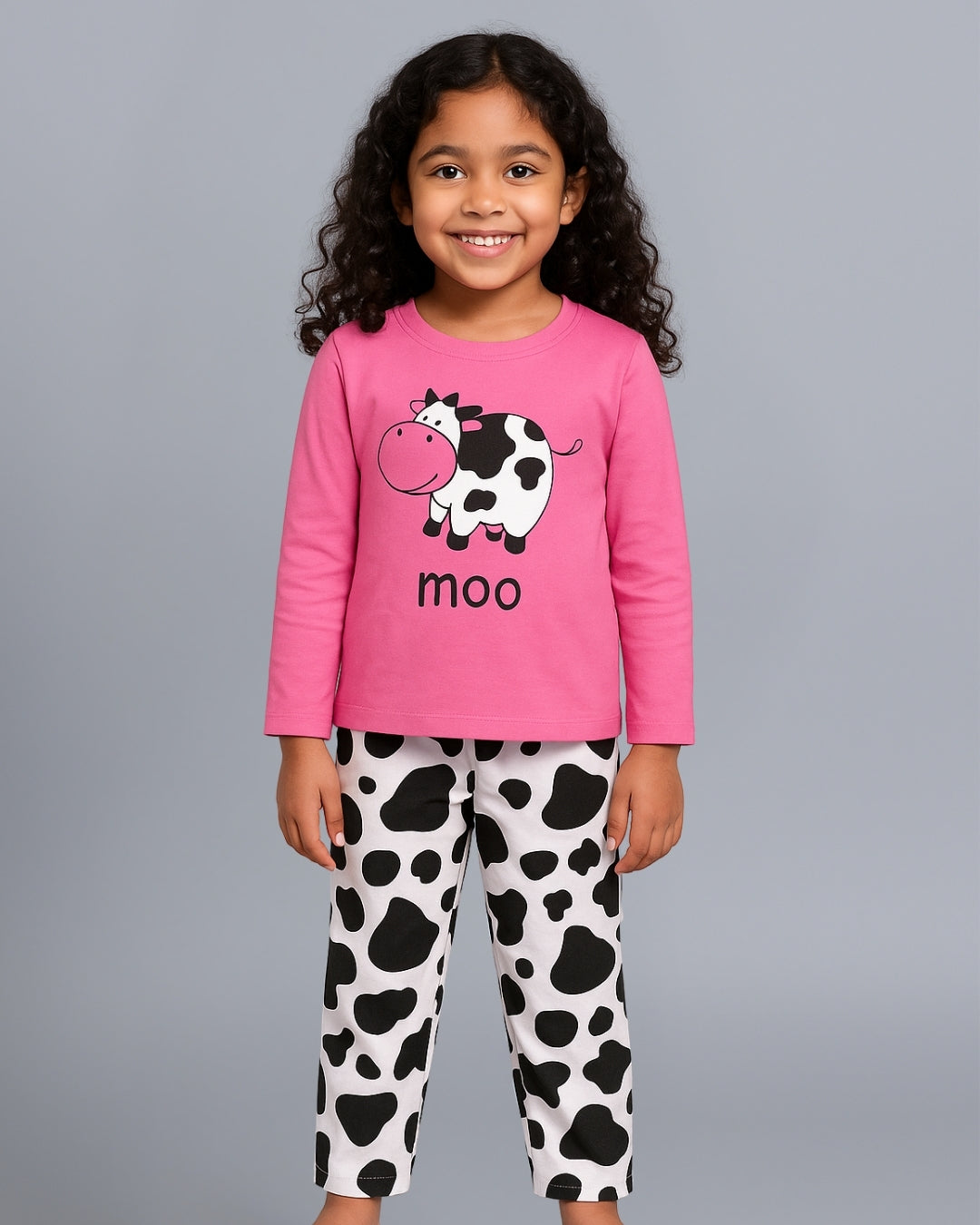 Pink & Black Swiss Cow Printed Girls Loungewear
