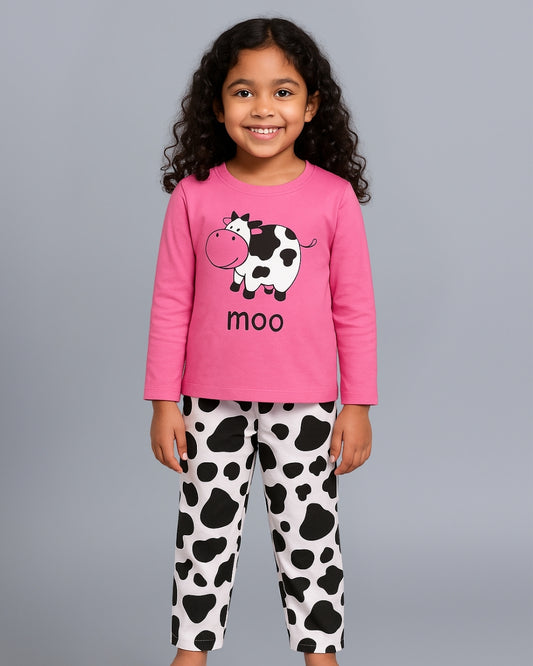 Pink & Black Swiss Cow Printed Girls Loungewear