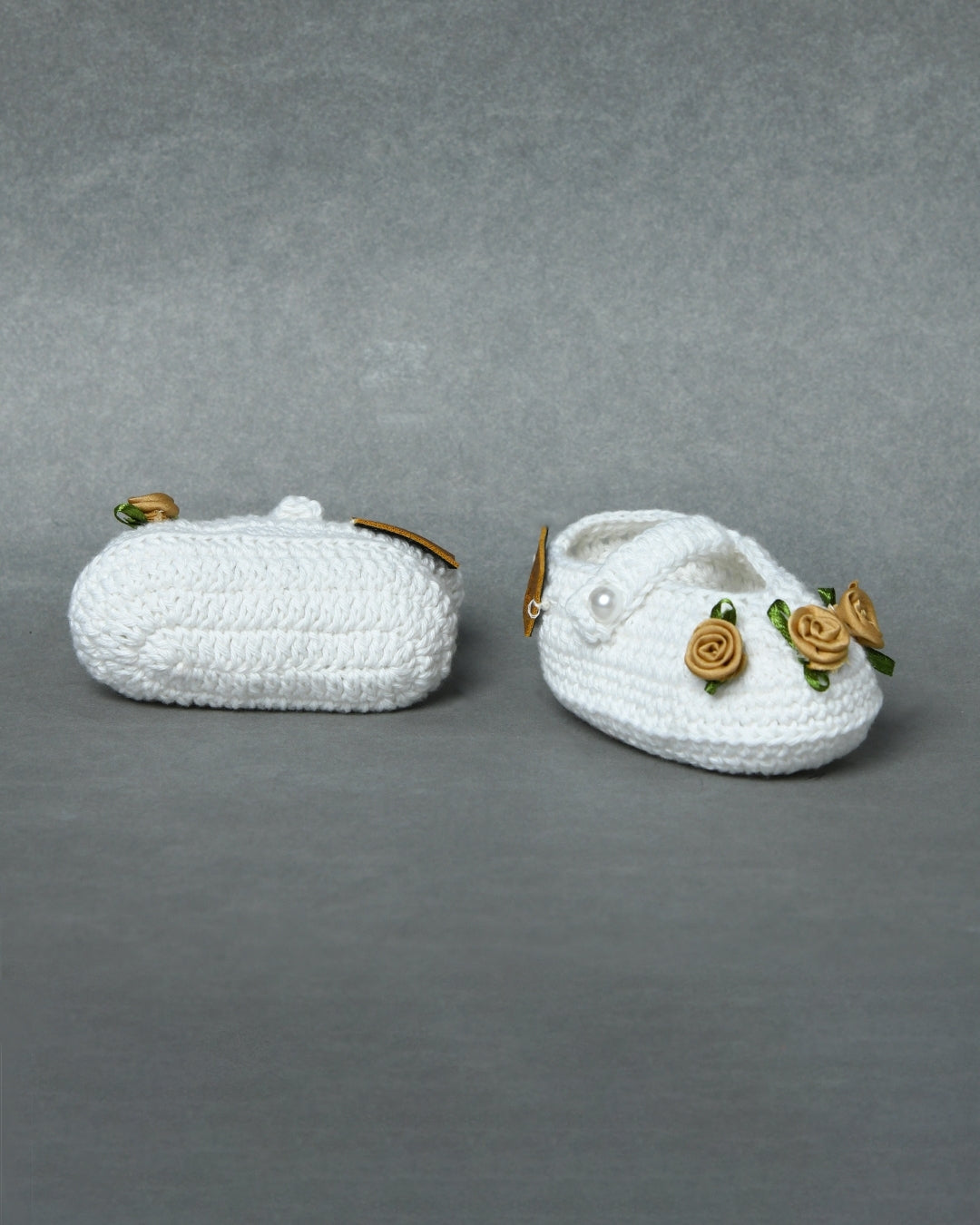 White Handmade Organic Thread Crochet Booties with Beige Floral Embellishment for Girls