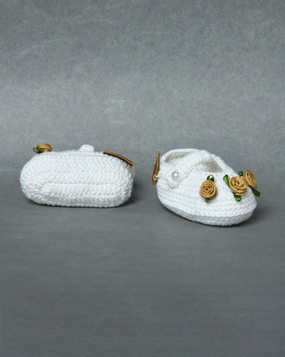 White Handmade Organic Thread Crochet Booties with Beige Floral Embellishment for Girls
