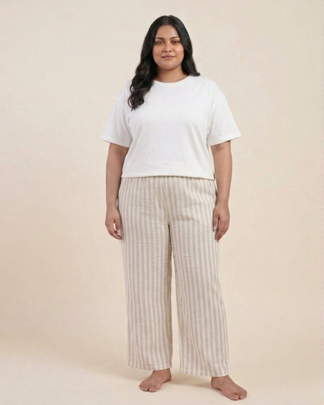 Beige Super Comfy Cotton Poplin Relax Fit Lounge Pant for Women