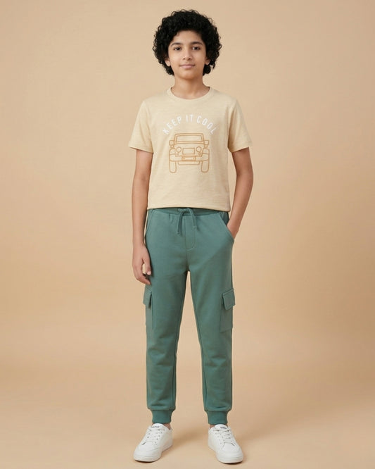 Car Printed Premium Cotton Half Sleeves Yellow T-Shirt with Green Jogger for Boys