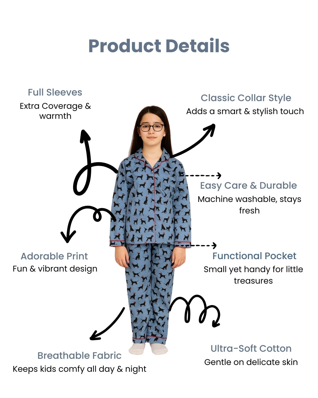 Blue Premium Cotton Puppy Printed Nightsuit for Girls