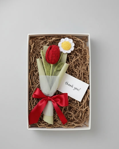 Handmade Crochet Red Tulip & Daisy Flower Bouquet