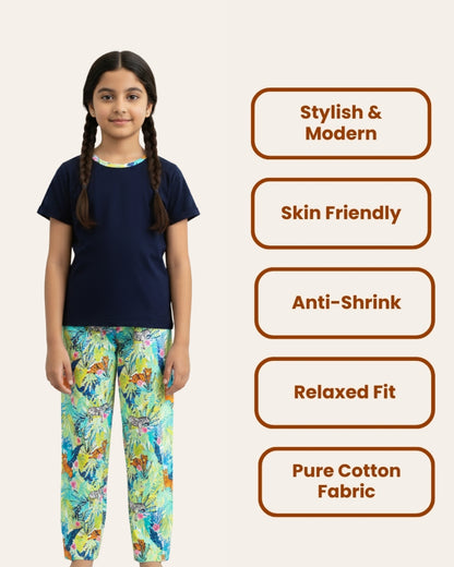 Multicolor Jungle Printed Cotton Night Suit for Girls