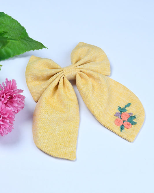 Linen Embroided Bow Hairclip - Yellow