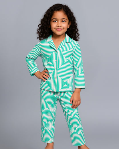 Green Premium Cotton Full Sleeves Printed Collar Style Pyjama & T-Shirt Set for Kids