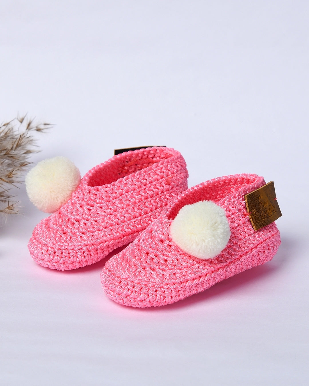 Pink Handmade Pom Pom Crochet Booties for Girls