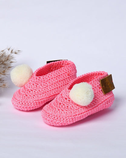 Pink Handmade Pom Pom Crochet Booties for Girls