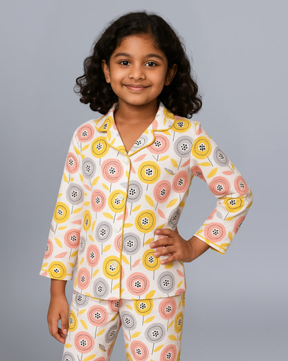 Multicolor Premium Cotton Full Sleeves Floral Printed Collar Style Nightsuit for Boys & Girls
