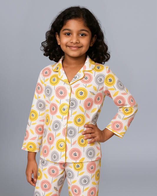 Multicolor Premium Cotton Full Sleeves Floral Printed Collar Style Nightsuit for Boys & Girls