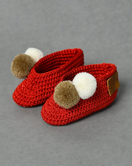 Red Handmade Pom Pom Crochet Booties for Girls