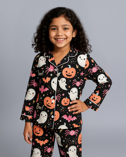 Black Premium Cotton Full Sleeves Halloween Printed T-Shirt & Pyjama Set for Boys & Girls