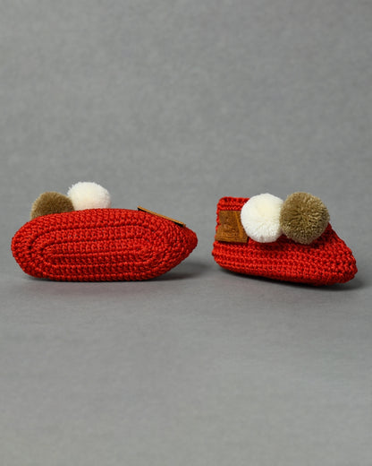 Red Handmade Pom Pom Crochet Booties for Girls