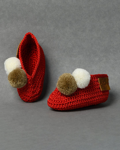 Red Handmade Pom Pom Crochet Booties for Girls