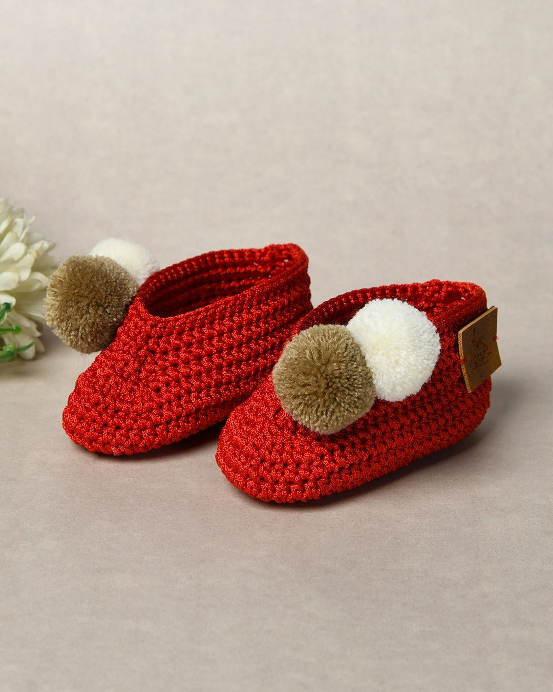 Red Handmade Pom Pom Crochet Booties for Girls