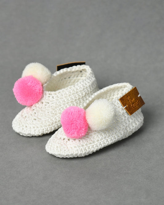White & Pink Handmade Pom Pom Crochet Booties for Girls
