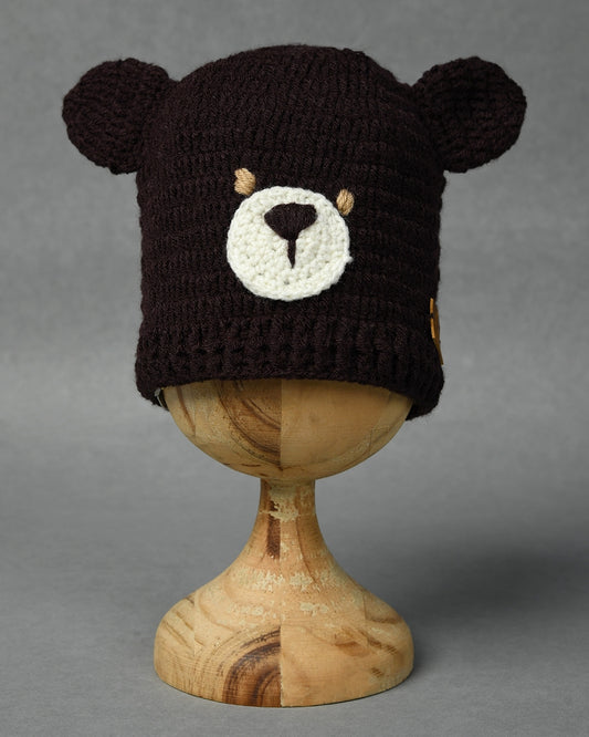 Brown Self Design Beanie Handmade Knitted Woollen Cap for Kids