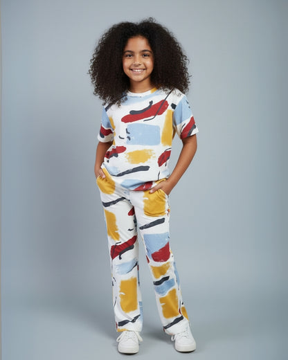 Multicolor Premium Cotton Overall Printed T-Shirt & Pyjama Set for Girls